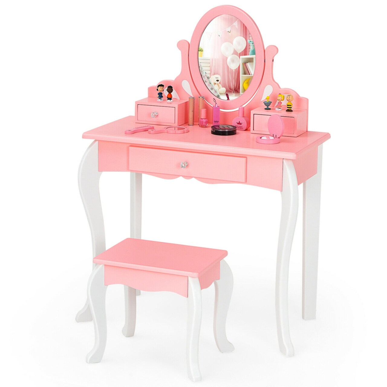Kids Vanity Princess Makeup Dressing Table Stool Set W/ Mirror Drawer